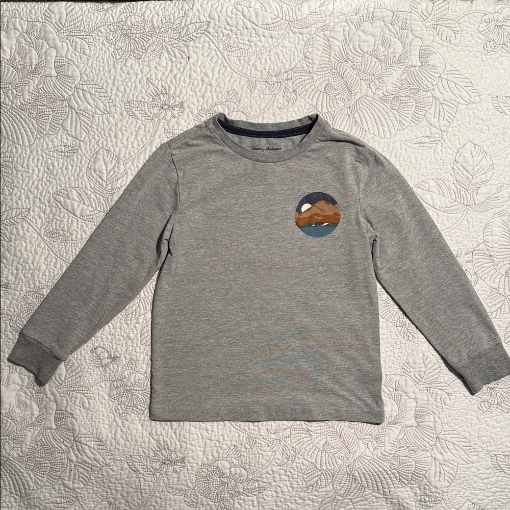Tommy Bahama Gray Long Sleeve Kids Tee with Mountain Patch